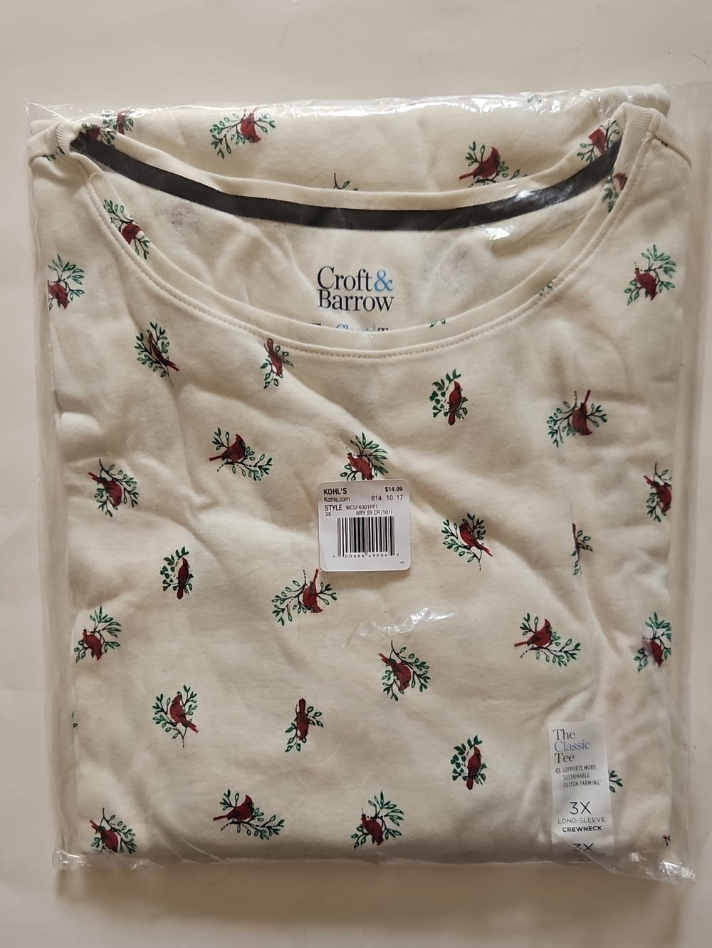 Plus Size Croft & Barrow Essential Crewneck Long Sleeve Tee, Ivory Cardinal, 3X